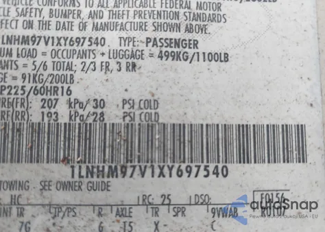 1999 Lincoln Continental z USA, uszkodzony, nr VIN 1LNHM97V1XY697540